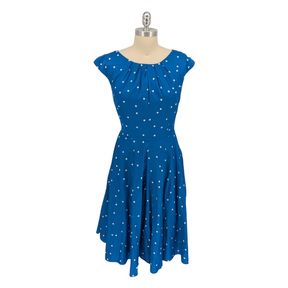 00113 Boden Polka Dot A Line Dress Blue White size 6L preppy Business casual
